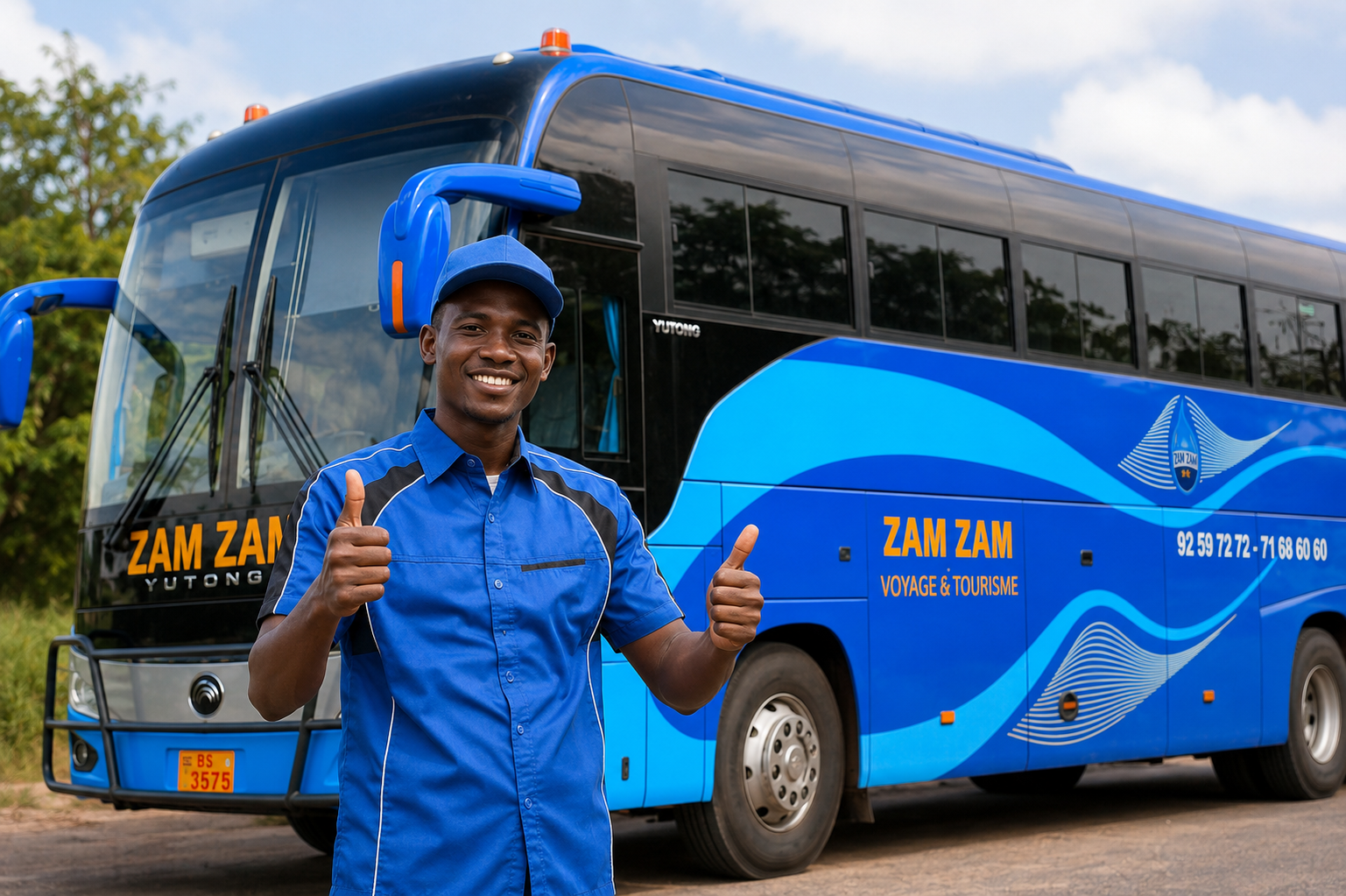 Un chauffeur Zam Zam Voyage devant son bus